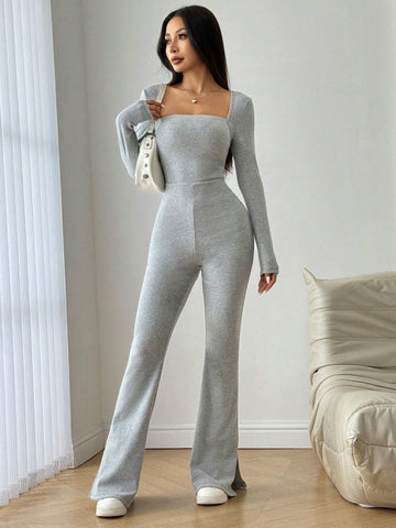 Women Square Neck Long Sleeve Flared Thermal Lined Jumpsuit, Fall Outfits