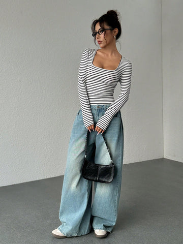 Women Striped Boxy Collar Long Sleeve Casual T-Shirt Bodysuit, Autumn