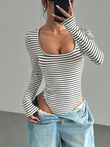 Women Striped Boxy Collar Long Sleeve Casual T-Shirt Bodysuit, Autumn