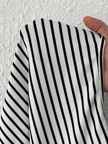 Women Striped Boxy Collar Long Sleeve Casual T-Shirt Bodysuit, Autumn