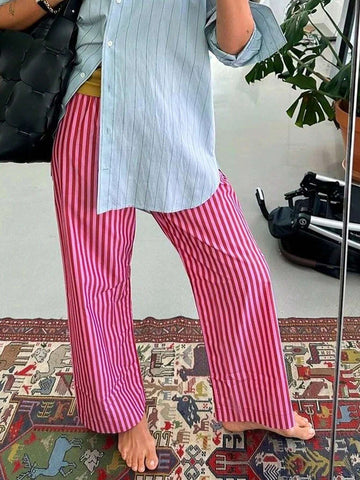 EZwear Women Striped Print Elastic Waist Casual Pants, Fall Clothes