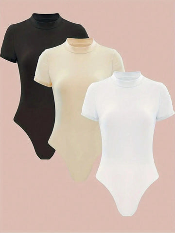 Women Summer 3-Piece Solid Color Stand Collar Short Sleeve Jumpsuit