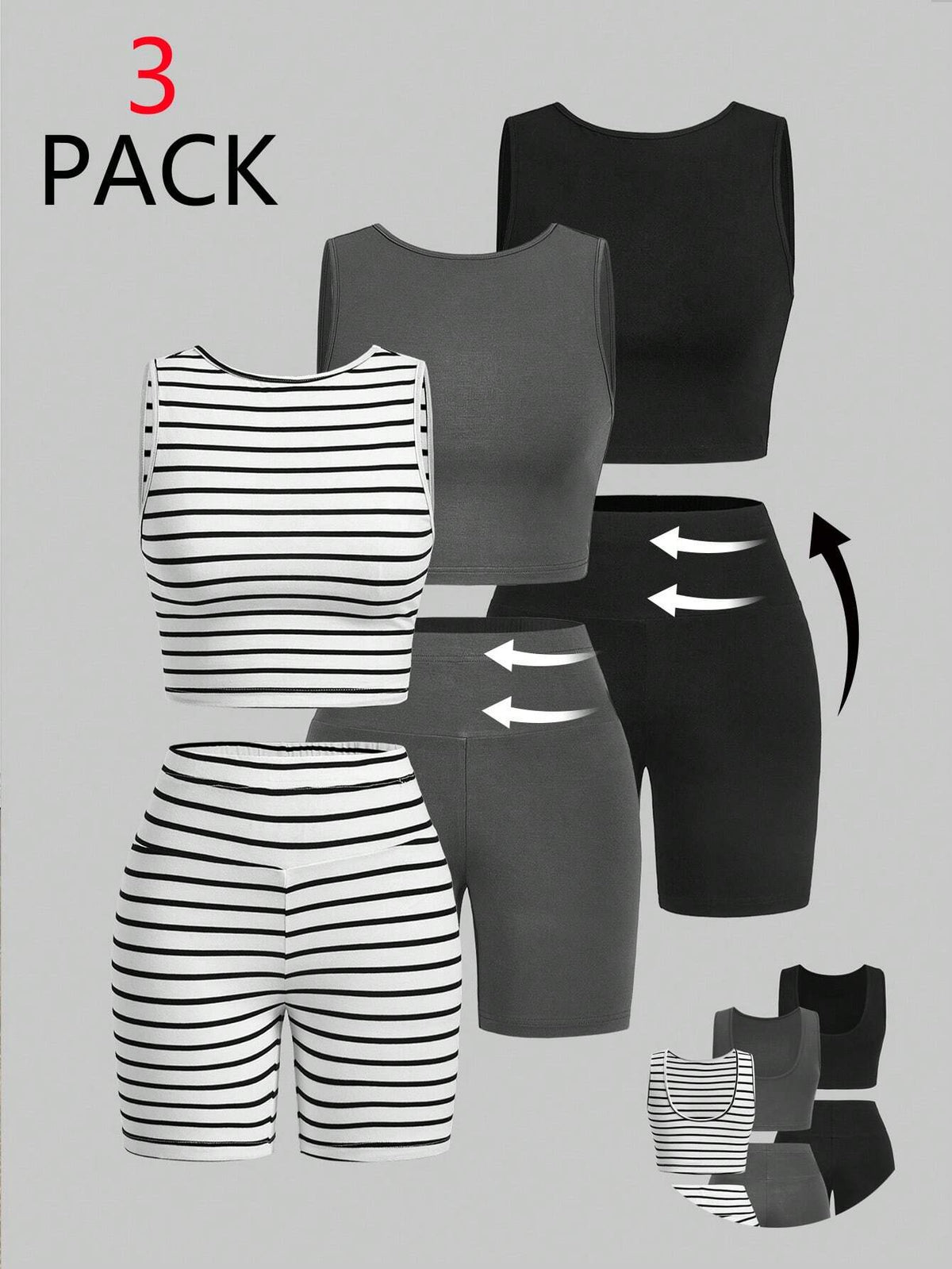 Women Summer Casual Multicolor Knitted Tank Top And Shorts Tight Suit