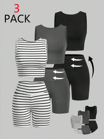 Women Summer Casual Multicolor Knitted Tank Top And Shorts Tight Suit