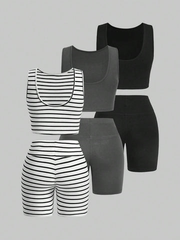 Women Summer Casual Multicolor Knitted Tank Top And Shorts Tight Suit