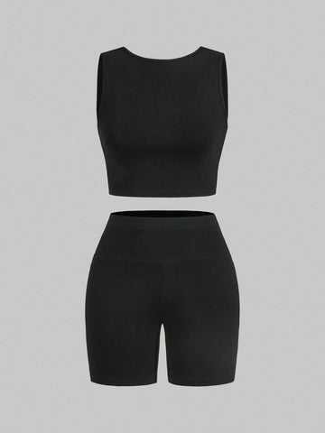 Women Summer Casual Multicolor Knitted Tank Top And Shorts Tight Suit