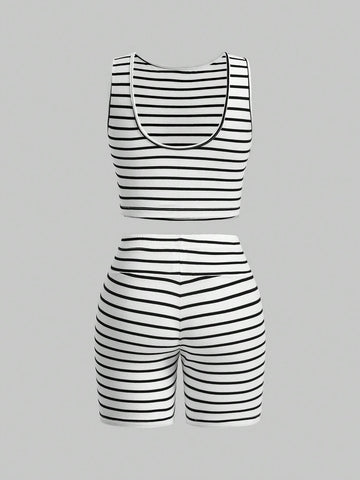 Women Summer Casual Multicolor Knitted Tank Top And Shorts Tight Suit