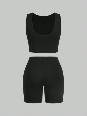 Women Summer Casual Multicolor Knitted Tank Top And Shorts Tight Suit