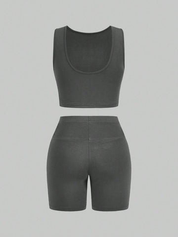 Women Summer Casual Multicolor Knitted Tank Top And Shorts Tight Suit