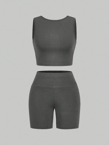 Women Summer Casual Multicolor Knitted Tank Top And Shorts Tight Suit