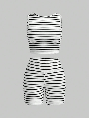 Women Summer Casual Multicolor Knitted Tank Top And Shorts Tight Suit