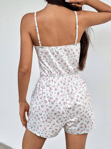 Women Summer Casual Pink Floral Print V-Neck Spaghetti Strap Loose Jumpsuit