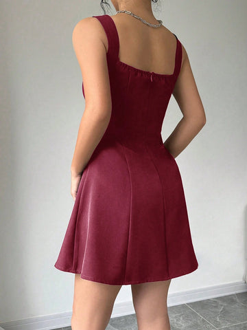 Women Summer Casual Vacation Ruched Low-Cut Solid Color Dress
