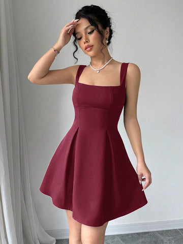 Women Summer Casual Vacation Ruched Low-Cut Solid Color Dress