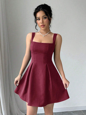 Women Summer Casual Vacation Ruched Low-Cut Solid Color Dress