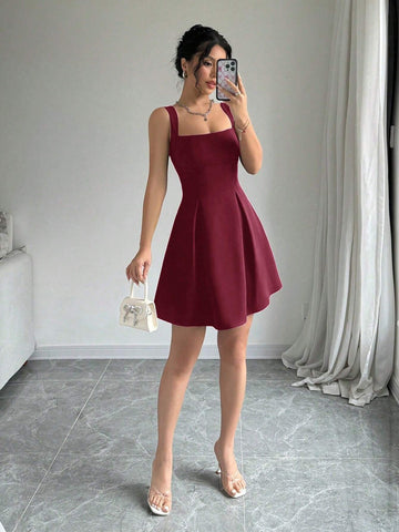 Women Summer Casual Vacation Ruched Low-Cut Solid Color Dress