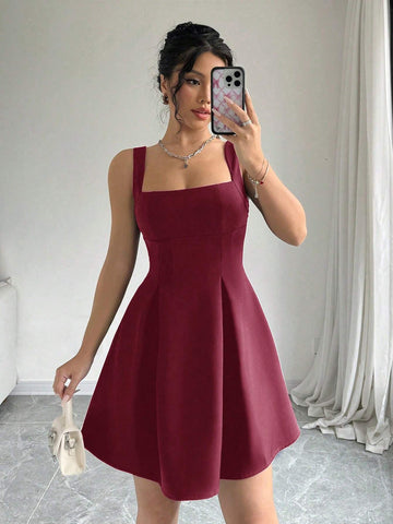Women Summer Casual Vacation Ruched Low-Cut Solid Color Dress