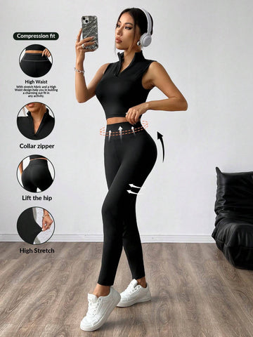 Women Summer Cool Half-Zip Vest And Shorts Two-Piece Set