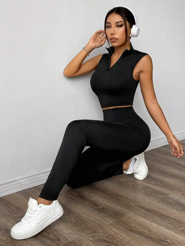 Women Summer Cool Half-Zip Vest And Shorts Two-Piece Set