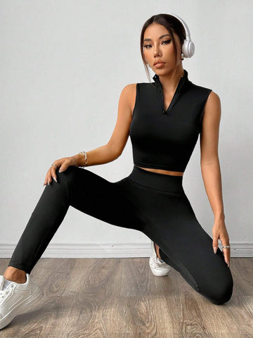 Women Summer Cool Half-Zip Vest And Shorts Two-Piece Set