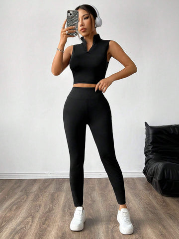 Women Summer Cool Half-Zip Vest And Shorts Two-Piece Set