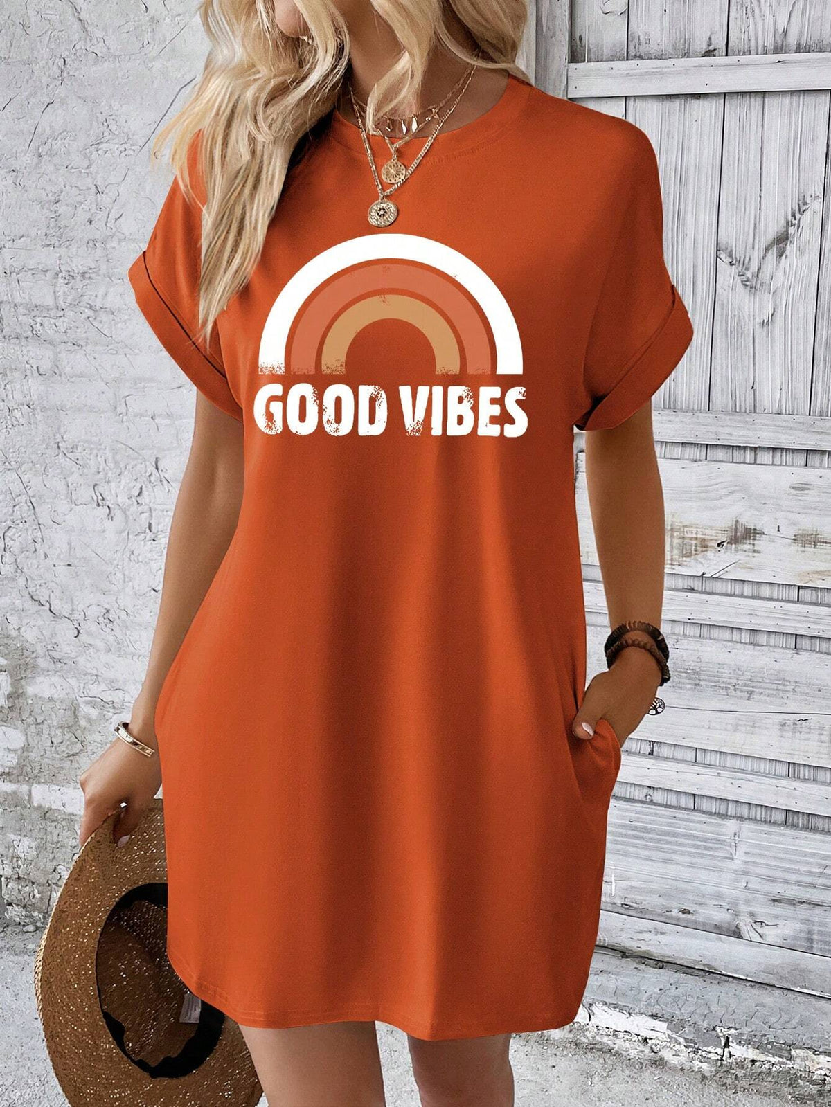 Women Summer Round Neck Bat Sleeve Short Sleeve Printed Casual T-Shirt Dress