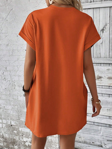 Women Summer Round Neck Bat Sleeve Short Sleeve Printed Casual T-Shirt Dress