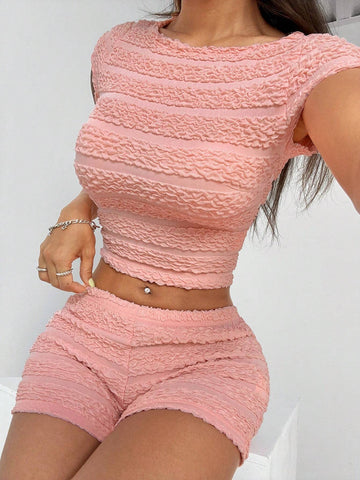 Women Summer Solid Color Round Neck Short Sleeve Cropped Top And Shorts Slim Fit 2pcs Sets With Ruffle Hem Details
