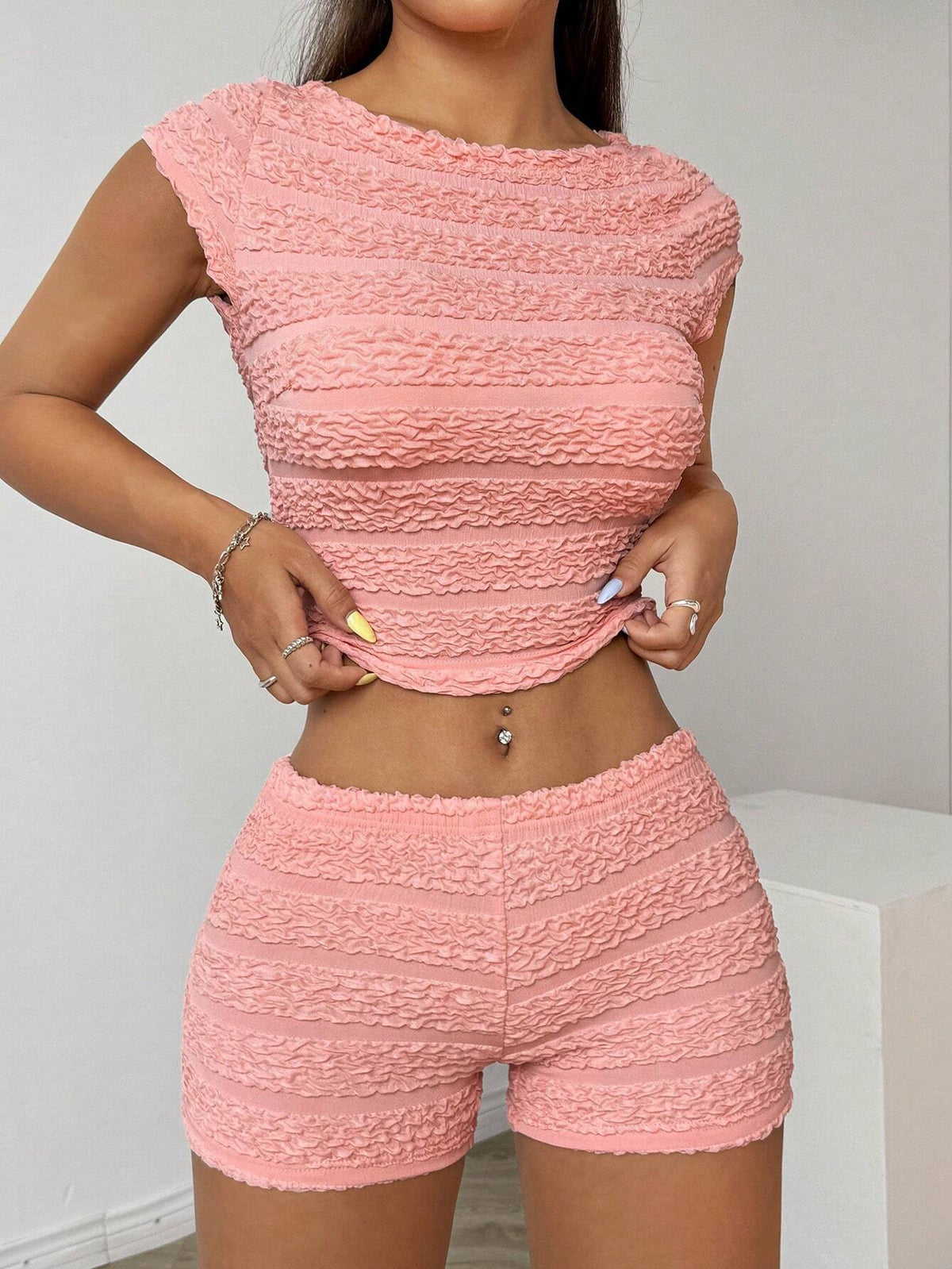 Women Summer Solid Color Round Neck Short Sleeve Cropped Top And Shorts Slim Fit 2pcs Sets With Ruffle Hem Details