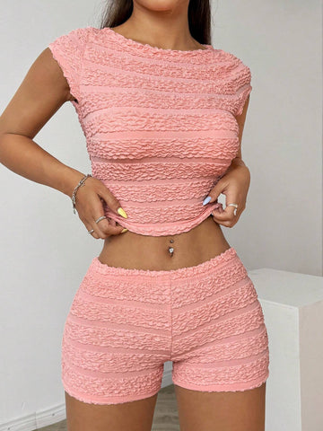 Women Summer Solid Color Round Neck Short Sleeve Cropped Top And Shorts Slim Fit 2pcs Sets With Ruffle Hem Details