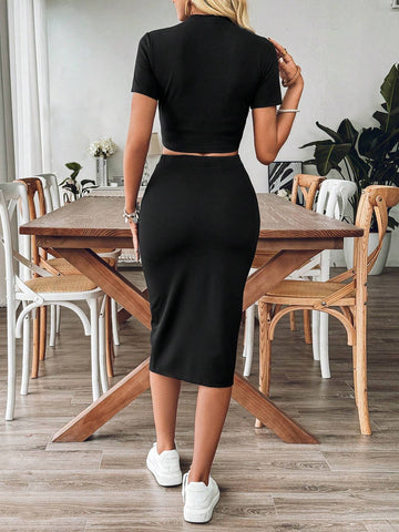 Women Summer Solid Color Short Sleeve Slim Fit T-Shirt And Waist Tied Split Hem Midi Skirt Casual Two Piece Set