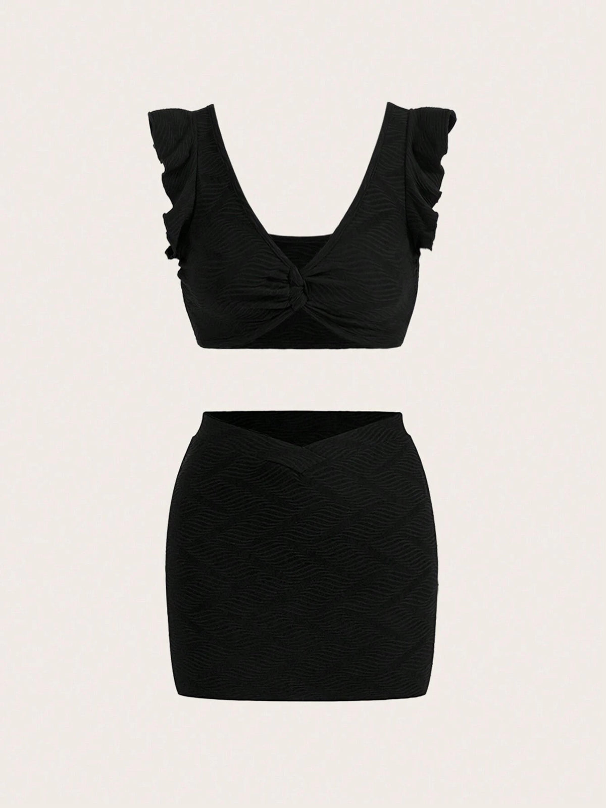 Women Summer Solid Color Twist Knot Short Sleeve Crop Top And Skirt Set