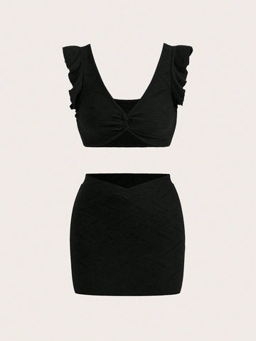 Women Summer Solid Color Twist Knot Short Sleeve Crop Top And Skirt Set