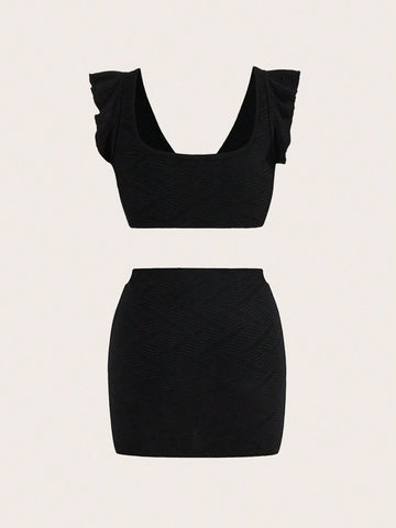 Women Summer Solid Color Twist Knot Short Sleeve Crop Top And Skirt Set