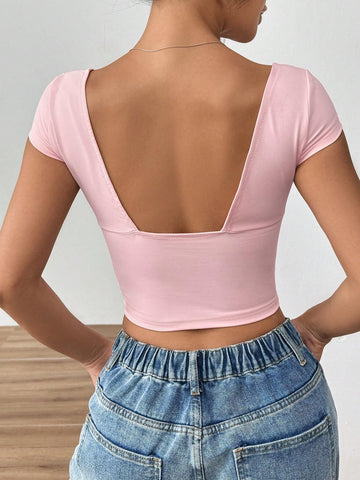 EZwear Women Summer Sweetheart Neckline Short Sleeve T-Shirt With Bow Decoration And Pleats