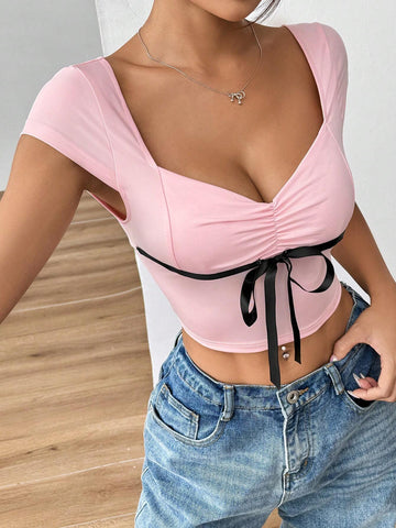 EZwear Women Summer Sweetheart Neckline Short Sleeve T-Shirt With Bow Decoration And Pleats