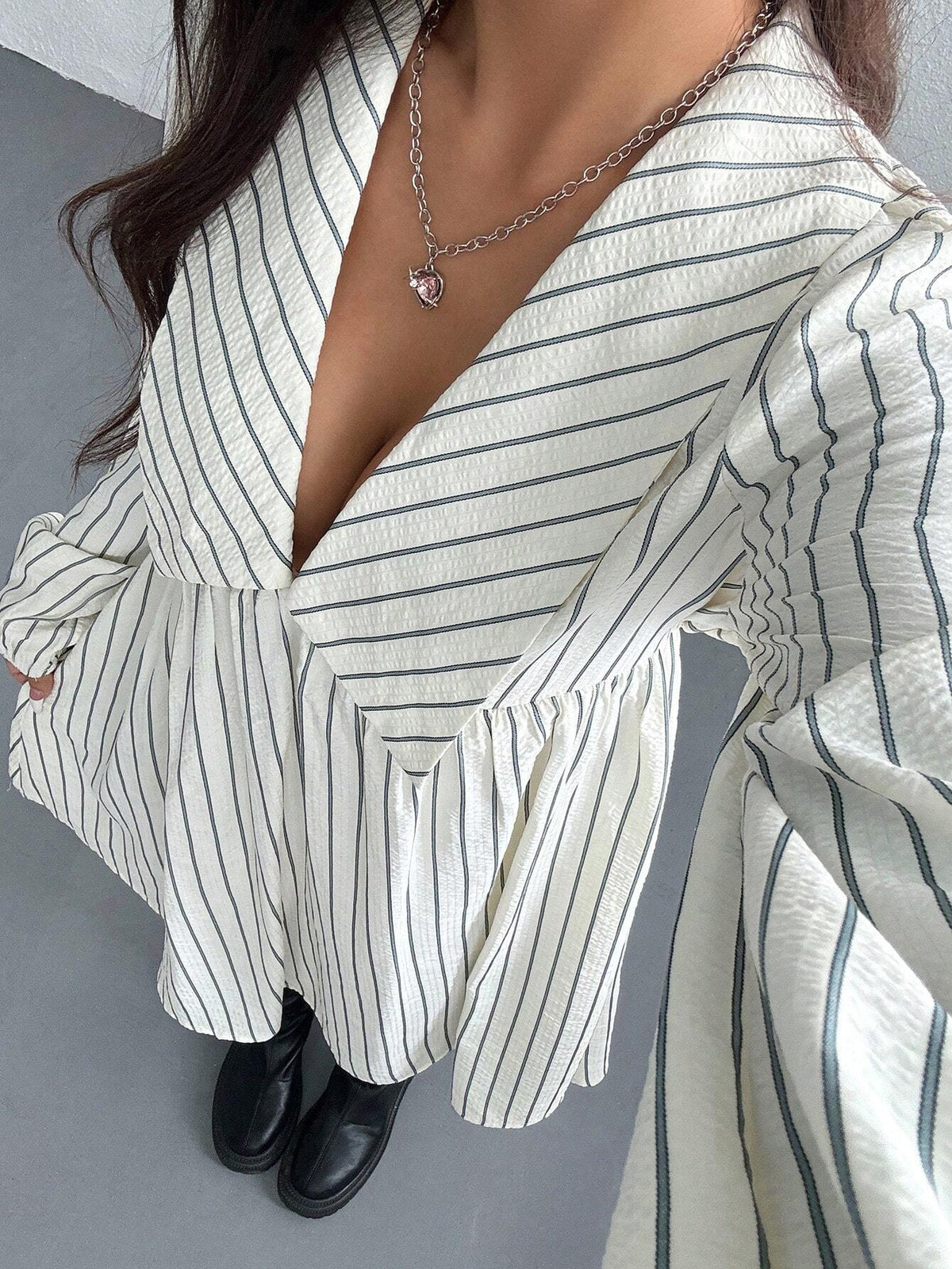 Women V-Neck Long Sleeve Striped Casual Short Dress
