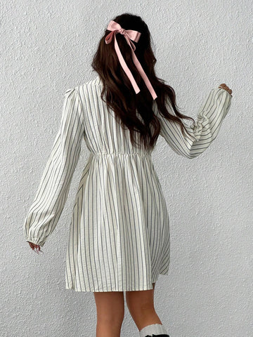 Women V-Neck Long Sleeve Striped Casual Short Dress