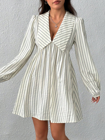 Women V-Neck Long Sleeve Striped Casual Short Dress