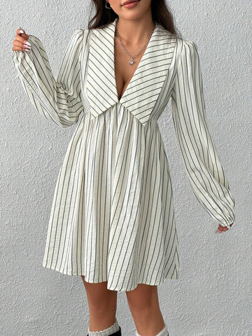 Women V-Neck Long Sleeve Striped Casual Short Dress