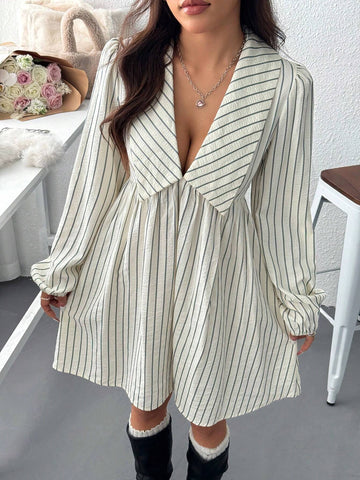 Women V-Neck Long Sleeve Striped Casual Short Dress