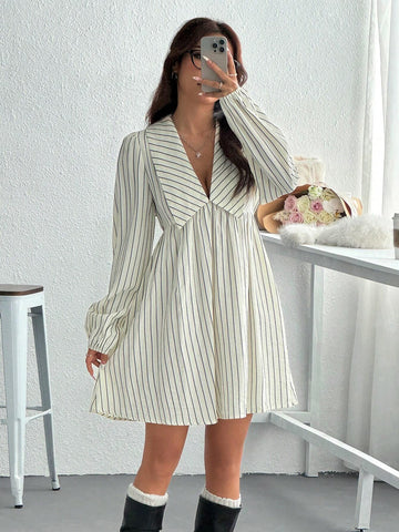 Women V-Neck Long Sleeve Striped Casual Short Dress