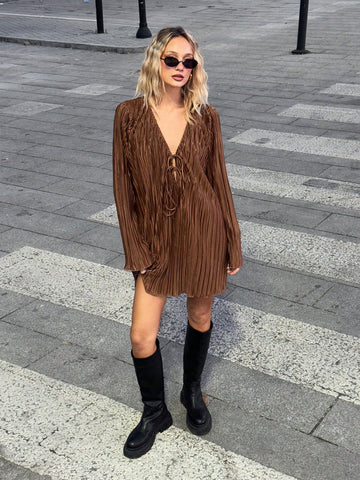 Women V-Neck Tie-Up Long Sleeve Loose Mini Dress