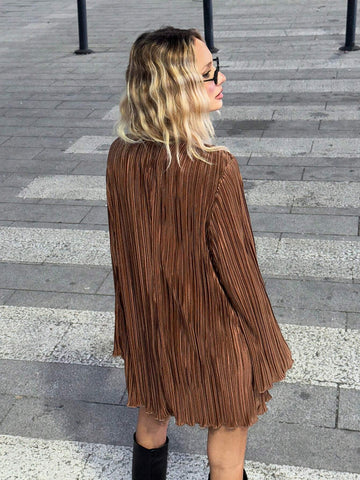 Women V-Neck Tie-Up Long Sleeve Loose Mini Dress