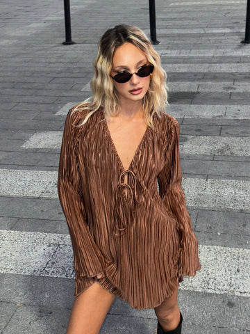 Women V-Neck Tie-Up Long Sleeve Loose Mini Dress