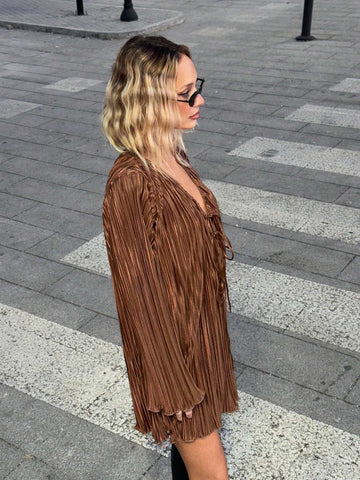 Women V-Neck Tie-Up Long Sleeve Loose Mini Dress