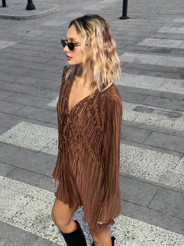 Women V-Neck Tie-Up Long Sleeve Loose Mini Dress