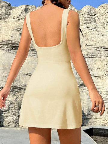 Women Vacation Leisure Solid Color Square Neck Backless Slim Fit Sleeveless Dress