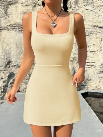 Women Vacation Leisure Solid Color Square Neck Backless Slim Fit Sleeveless Dress