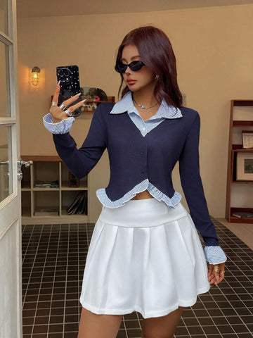 EZwear Women's 2 In 1 Plaid Ruffle Flare Sleeve Blouse